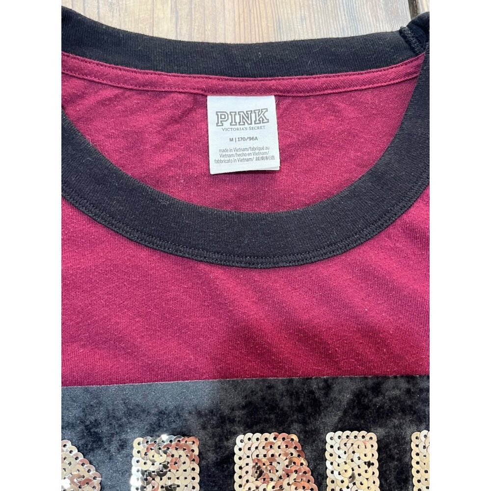 Pink Victoria's Secret Sequin/Velvet T-Shirt Womens M Burgundy Long Sleeve - Picture 4 of 8
